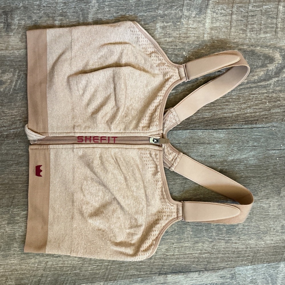 Shefit Low Impact Sports Bra Tan Beige Nude Front Zip Adjustable
